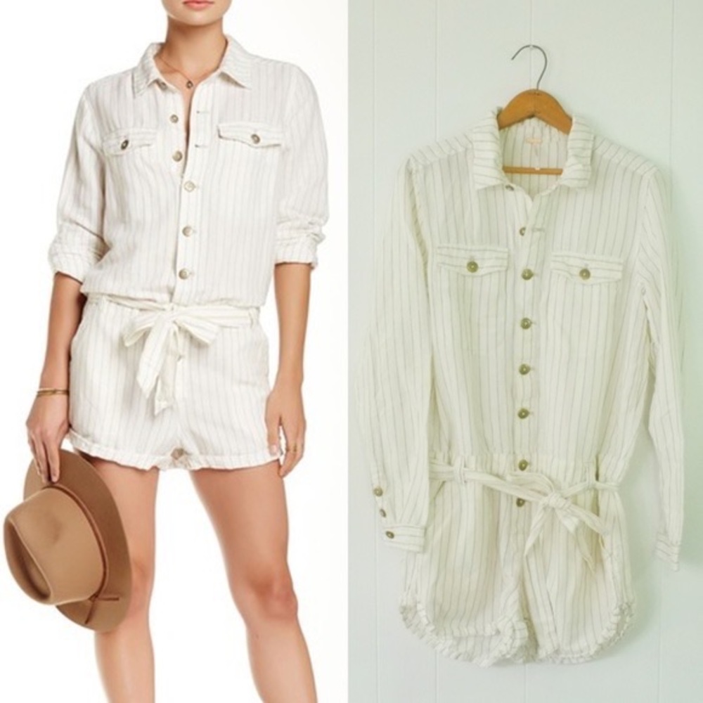 Free People Yarn Dyed Ivory Stripe Linen Romper